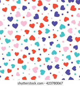Seamless hearts and dots pattern with white background. Vector repeating texture.