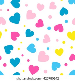 Seamless hearts and dots pattern with white background. Vector repeating texture.