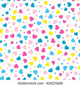 Seamless hearts and dots pattern with white background. Vector repeating texture.