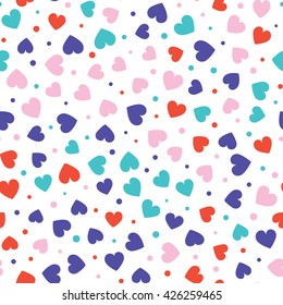 Seamless hearts and dots pattern with white background. Vector repeating texture.