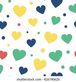 Seamless hearts and dots pattern with white background. Simple vector repeating texture.