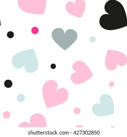 Seamless hearts and dots pattern with white background. Vector repeating texture.