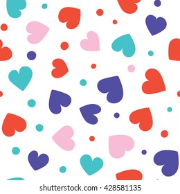 Seamless hearts and dots pattern with white background. Vector repeating texture.