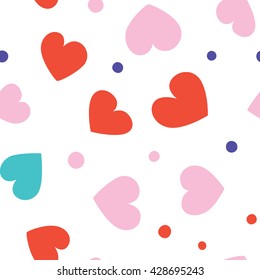 Seamless hearts and dots pattern with white background. Vector repeating texture.