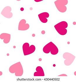 Seamless hearts and dots pattern with white background. Vector repeating texture.