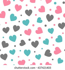 Seamless hearts and dots pattern with white background. Vector repeating texture.