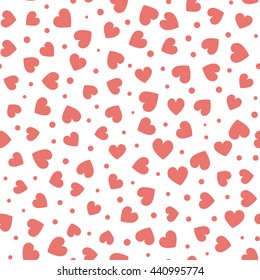 Seamless hearts and dots pattern with white background. Vector repeating texture.