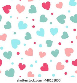 Seamless hearts and dots pattern with white background. Vector repeating texture.