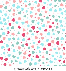 Seamless hearts and dots pattern with white background. Vector repeating texture.