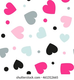 Seamless hearts and dots pattern with white background. Vector repeating texture.