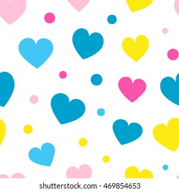 Seamless hearts and dots pattern with white background. Simple vector repeating texture.