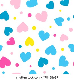 Seamless hearts and dots pattern with white background. Vector repeating texture.