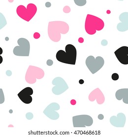 Seamless hearts and dots pattern with white background. Vector repeating texture.