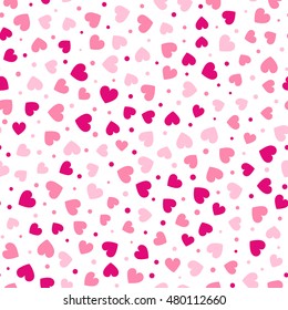 Seamless hearts and dots pattern with white background. Vector repeating texture.