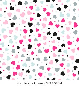 Seamless hearts and dots pattern with white background. Vector repeating texture. Perfect for printing on fabric or paper.