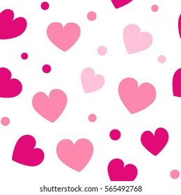 Seamless hearts and dots pattern with white background. Vector repeating texture. Perfect for printing on fabric or paper.