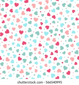 Seamless hearts and dots pattern with white background. Vector repeating texture.