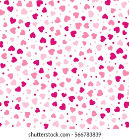 Seamless hearts and dots pattern with white background. Vector repeating texture.