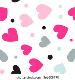 Seamless hearts and dots pattern with white background. Vector repeating texture. Perfect for printing on fabric or paper.