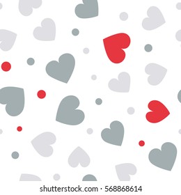 Seamless hearts and dots pattern with white background. Vector repeating texture. Perfect for printing on fabric or paper.