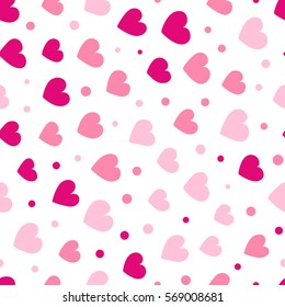 Seamless hearts and dots pattern with white background. Vector repeating texture. Perfect for printing on fabric or paper.