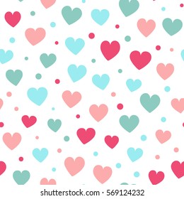 Seamless hearts and dots pattern with white background. Vector repeating texture.