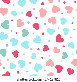 Seamless hearts and dots pattern with white background. Vector repeating texture.