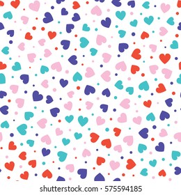 Seamless hearts and dots pattern with white background. Vector repeating texture.