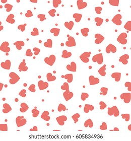 Seamless hearts and dots pattern with white background. Vector repeating texture.