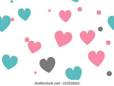 Seamless hearts and dots pattern with white background. Simple vector repeating texture. Perfect for printing on fabric or paper.