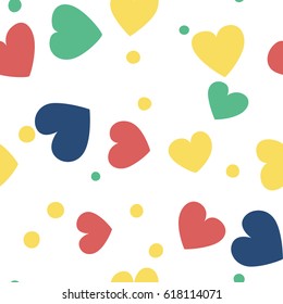 Seamless hearts and dots pattern with white background. Vector repeating texture. Perfect for printing on fabric or paper.