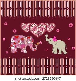 Estilo inconsútil del modelo del elefante de los corazones para el fondo. textura decorativa de la vendimia, diseño del bordado, ornamento de la tela, Fondo de pantalla, ropa, día de San Valentín
