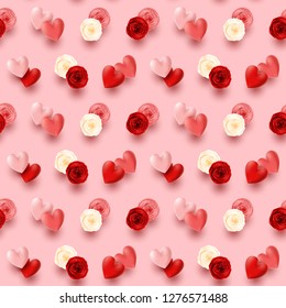 Seamless of hearts and flowers on pink background