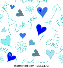 Seamless hearts pattern in blue colors. Creative Valentine style seamless pattern on a white. Print card, cloth, clothing, wrapping, fabric, gift, banner, poster, greeting, invitation.