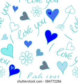 Seamless hearts pattern in blue colors. Creative Valentine style seamless pattern on a white. Print card, cloth, clothing, wrapping, fabric, gift, banner, poster, greeting, invitation.