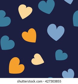 Seamless hearts pattern with dark background. Vector repeating texture.