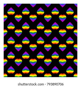 Seamless hearts pattern in the form of a LGBT flag on a black background, gradient, vector illustration