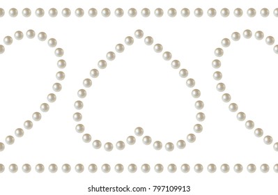 Seamless hearts pattern in garlands. Holiday embellishment made of realistic white pearl. Can be used for wedding or Valentines Day gift paper. Precious bracelet jewelry print. Vector Illustration. 