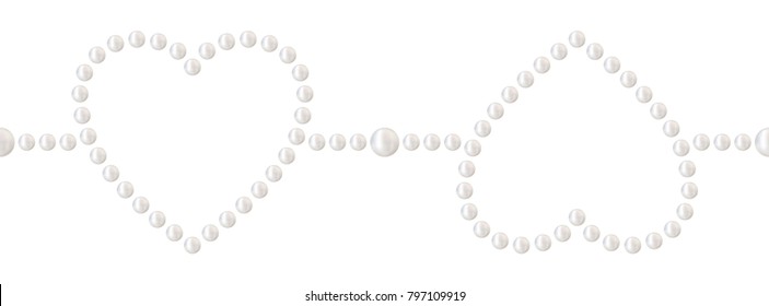 Seamless hearts pattern in garlands. Holiday embellishment made of realistic white pearl. Can be used for wedding or Valentines Day gift paper. Precious bracelet jewelry print. Vector Illustration. 