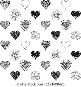 Seamless hearts pattern, hand drawn sketch, vector illustration. Romantic love background in doodle style. Black ink symbols Isolated on white. For textile print, wrapping paper