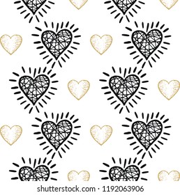 Seamless hearts pattern, hand drawn sketch, vector illustration. Romantic love background in doodle style. Black ink with golden, symbols set Isolated on white. For textile print, wrapping paper