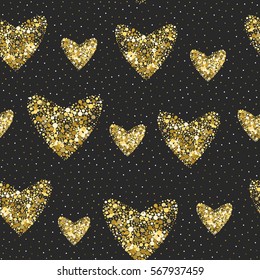 Seamless hearts pattern. Holiday Valentine in gold colors on black backgrounds.