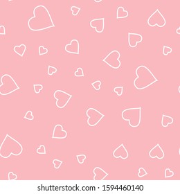 Seamless hearts pattern on light pink. Vector repeating st Valentine background of white outlined hearts for card, wallpaper, print, textile, wrapping, backdrop, scrapbooking, fashion design. 