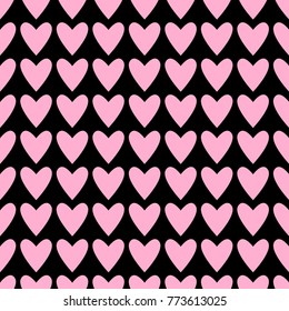 Seamless hearts pattern in pastel pink over black. Valentine's day tile background. Romantic vector pattern.