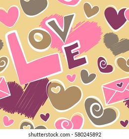 Seamless hearts pattern in purple, pink and beige colors. Creative Valentine style seamless pattern. Print card, cloth, clothing, wrapping, fabric, gift, banner, poster, greeting, invitation.