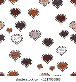 Seamless hearts pattern. Repeating texture. Vector illustration. Valentine':s Day card seamless background pattern heart. Cute white, brown and black colors elements.