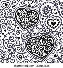 Seamless hearts pattern with swirls vintage lines vector colors on light background eps 10 rgb 