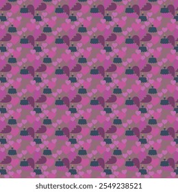 Seamless hearts pattern with table in cartoon style. Cute trendy design. Vector funky illustration. Cherries in heart shape. Checkered Cherries with pink heart.