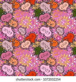 Seamless Hearts pattern. Valentines Day. Vector illustration. Typography lettering poster. Elements on pink, neutral, black, orange and beige colors. Pattern for wrapping, cover.