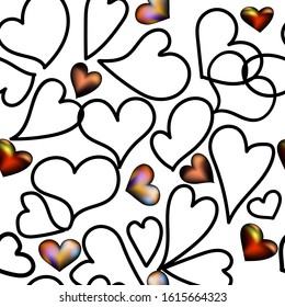 Seamless hearts pattern for Valentine's Day. Hearts illustration drawn black line and color graphics art.Vector
